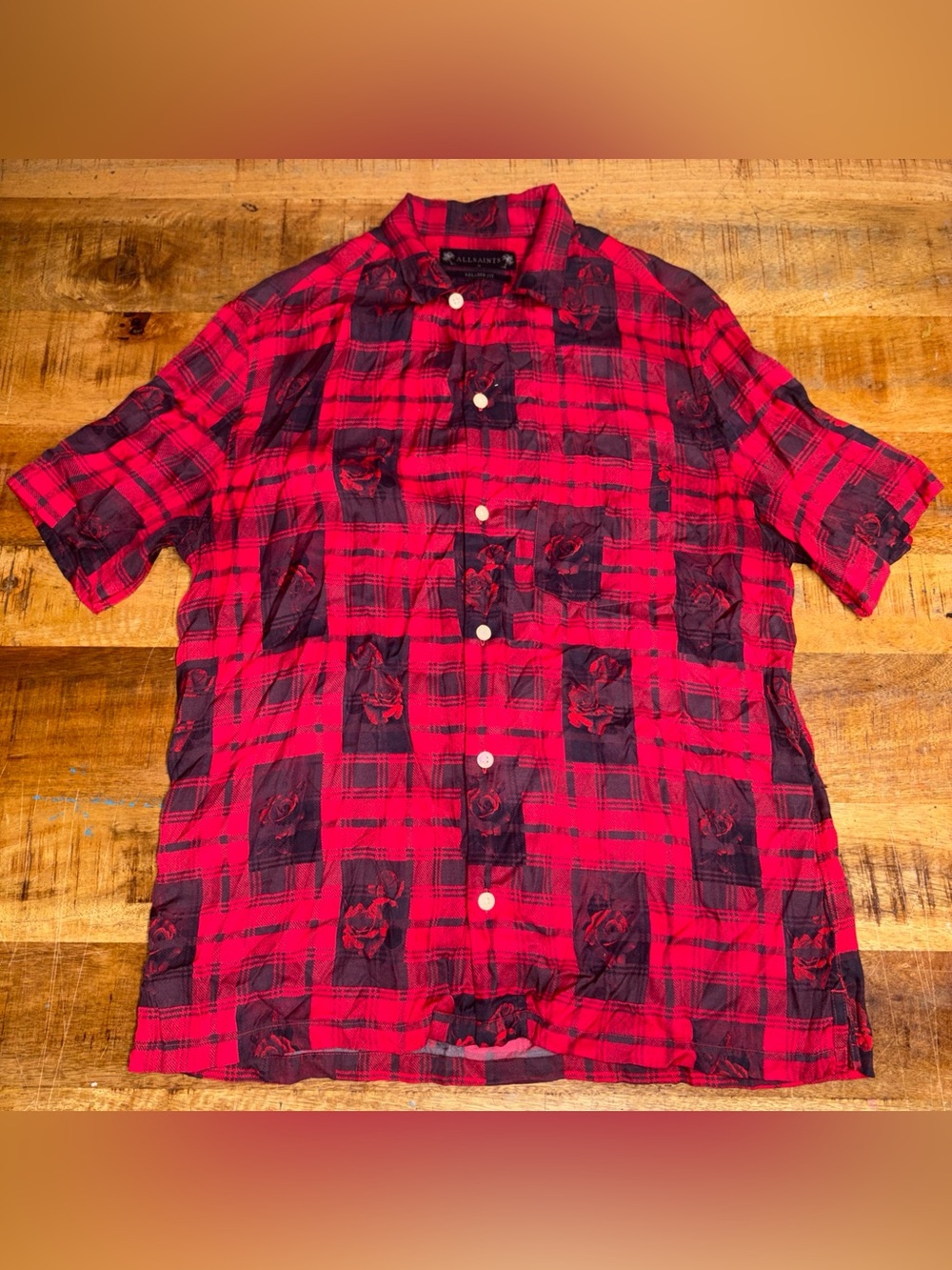 All Saints Rose Red Button Down Short Sleeve Size M